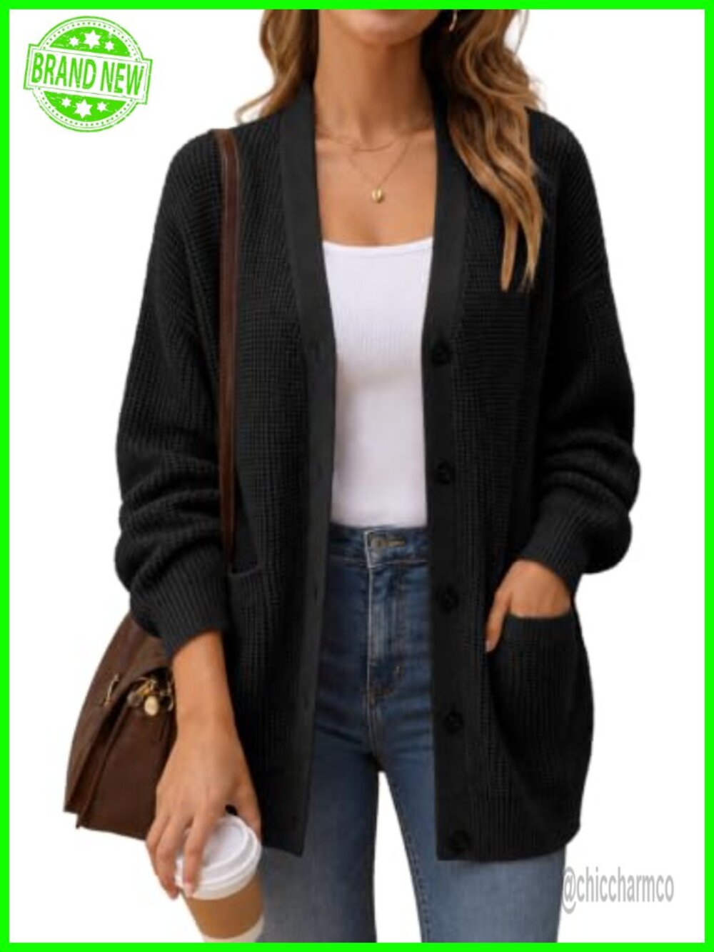 100% Cotton Cardigan Sweater Oversized Boyfriend Fit V-Neck Button Pockets